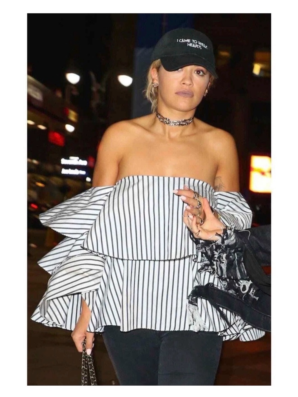 Caroline Constas White and Black Striped Off-Shoulder Ruffle Blouse